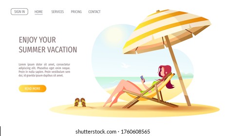 Website design with woman sitting in the sun lounger under a sunshade. Vector Illustration for Beach Holidays, Summer vacation, Leisure, Recreation.