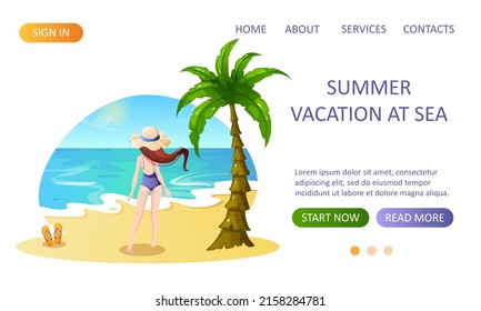 Website design with a woman standing on the seashore. Vector illustration for beach holidays, summer holidays and holidays.