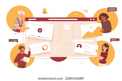 Website designers concept. Men and women with interface elements develop mobile application, software and program. Web project presentation, digital online product. Cartoon flat vector illustration