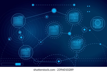 Website developer futuristic concept. technology website builder digital marketing. CMS, HTML, ADS, icon. navy blue light galaxy color gradient. Vector illustration. Eps10