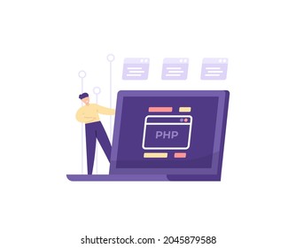 website developer, php programmer, web builder, web designer. illustration of a male employee staff making a program or coding using the PHP programming language on a laptop. flat cartoon style