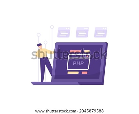 website developer, php programmer, web builder, web designer. illustration of a male employee staff making a program or coding using the PHP programming language on a laptop. flat cartoon style