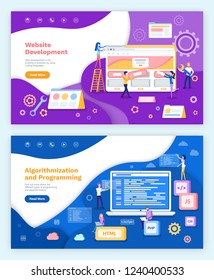 Website development, algorithmization and programming vector. Screen of laptop with information, coders with html, css and java script. Coders set