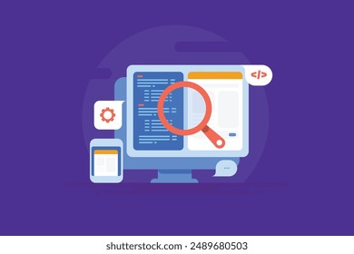 Entwicklung von Websites, Anwendungsentwicklung, Codierung, Programmierung, App-Testen, Fehlerbehebung, Website-Codes - Vektorillustration mit Symbolen