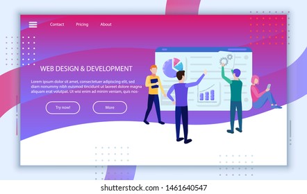 Website development banner. For business management landing page, promotion site design, social media marketing, mobile website management software poster concept template.  Web symbols people flat