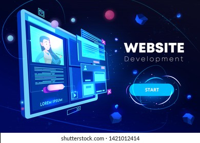 Website Development Banner, Computer Technology, Monitor With Open Browser Page And Woman Profile On Screen, Futuristic Background In Neon Glowing Colors. Cartoon Vector Illustration, Landing Page