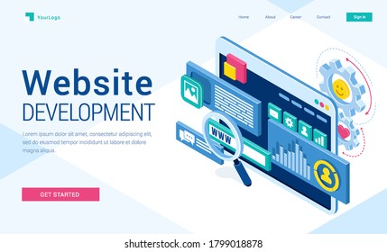 Website development banner. Concept of engineering and programming internet software, design and online content. Vector landing page of web site programming with isometric illustration of browser