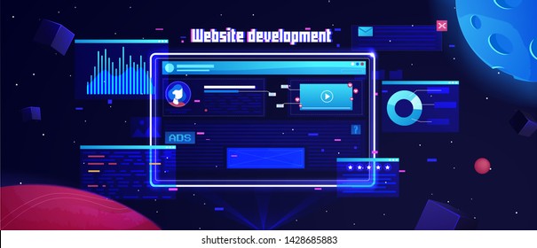 Website development banner. Neon screen with web design on abstract background with stars and planets. Vector cartoon illustration