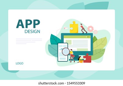 Website development banner. Web page programming and making responsive interface on computer. Vector illustration in cartoon style