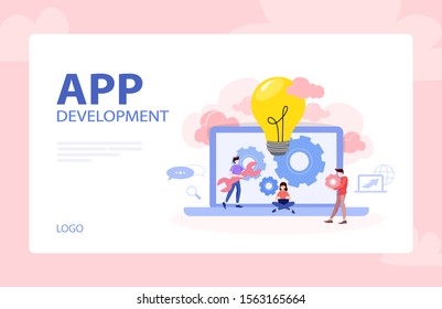 Website development banner. Web page programming and making responsive interface on computer. Vector illustration in cartoon style