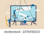 Website development, build homepage layout or html designer, SEO search engine optimization or site template creation concept, business people help carry web banner create website on computer screen.
