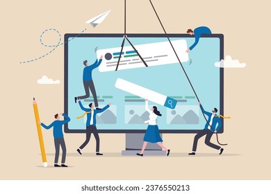 Website development, build homepage layout or html designer, SEO search engine optimization or site template creation concept, business people help carry web banner create website on computer screen.