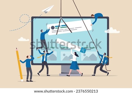 Website development, build homepage layout or html designer, SEO search engine optimization or site template creation concept, business people help carry web banner create website on computer screen.
