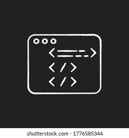 Website development chalk white icon on black background. Open source code. HTML programming. Javascript edit. Work with framework. Screen with java software. Isolated vector chalkboard illustration