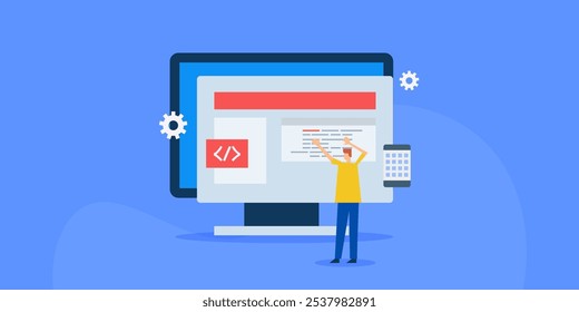 Website development, Website coding, Website designing, Business people managing website - vector illustration with character and icons