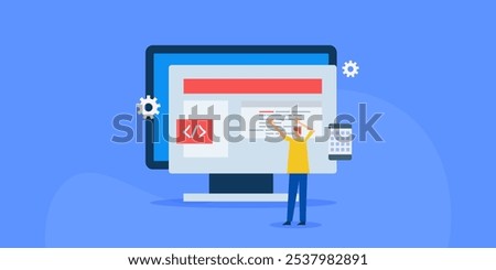 Website development, Website coding, Website designing, Business people managing website - vector illustration with character and icons