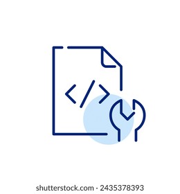Website development. Coding and maintenance. HTML file and wrench. Pixel perfect, editable stroke icon