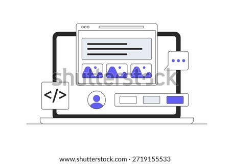 Website development company. Application development, maintenance, Coding and programming, Software testing. Flat Cartoon Vector Illustration, icon Stylish abstract design landing page web