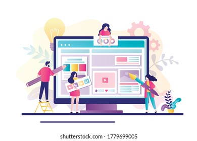 Website development concept. Group of developers and designers create website. Teamwork, creation of an online store or blog. Copywriting, uploading media content to web page. Flat vector illustration