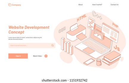 Website Development Concept, responsive landing page design with isometric illustration of work place of a developer.