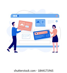 Website development concept. Social network. Landing page template designed by man and woman. Flat, modern design. Vector illustration