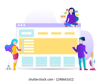 Website development concept, web design, teamwork. Vector illustration in modern flat style for online advertising, web banners and much more.