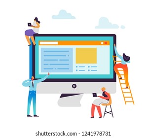 Website Development Concept. Web Developers Characters Creating App Design. Man and Woman Working Together on Computer. Vector illustration