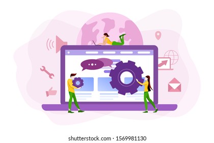 Website development concept. Web page programming and making responsive interface on computer. Mobile and computer interface. Digital technology. Vector illustration in cartoon style
