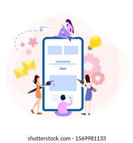Website development concept. Web page programming and making responsive interface on computer. Mobile and computer interface. Digital technology. Vector illustration in cartoon style