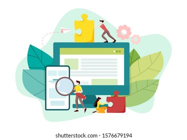 Website development concept. Web page programming and making responsive interface on computer. Mobile and computer interface. Digital technology. Vector illustration in cartoon style