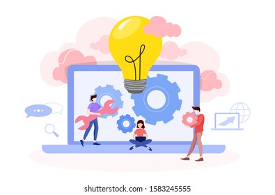 Website development concept. Web page programming and making responsive interface on computer. Mobile and computer interface. Digital technology. Vector illustration in cartoon style