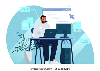 Website development concept. Web page programming and making responsive interface on computer. Programming and coding, website creation. Computer technology. Vector illustration
