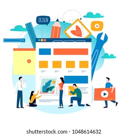 Website development, website construction, web page building process, website layout and interface development flat vector illustration design for mobile and web graphics