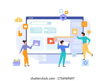 Website development content concept. Programmers designers make up selling site place size adjustment web labels edit update information business on main page. Flat promotion vector style.