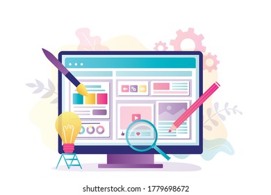 Website Development. Creativity Process. New Idea, Creation Of An Online Store Or Blog. Copywriting, Uploading Media Content To Web Page. Trendy Style Vector Illustration