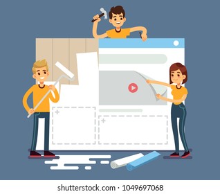 Website development with developers creating content. Web construction vector concept. Illustration of interface development project, web page content