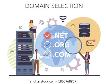 Website development, domain selection. Support and development service. Web page programming and making responsive interface. Isolated flat illustration