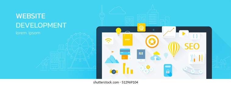 website development flat style and thin-line icon style on background concepts for web design, web development, web programming,application 