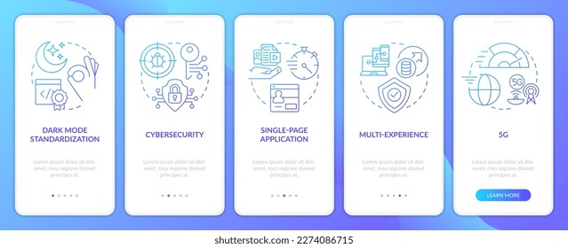 Website development future blue gradient onboarding mobile app screen. Walkthrough 5 steps graphic instructions with linear concepts. UI, UX, GUI template. Myriad Pro-Bold, Regular fonts used