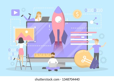 Website development horizontal banner. Web page programming and making responsive interface on computer. Vector illustration in cartoon style