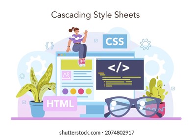 Website development. HTML coding process. Digital specialist creating a web page with code programming language. Isolated flat illustration