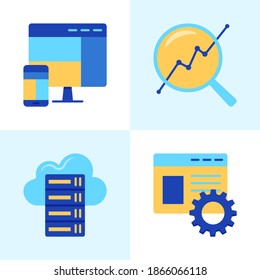 Website development icon set in flat style. Responsive design, progress monitoring, page optimization and hosting symbols. Vector illustration.