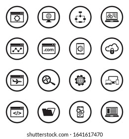 Website Development Icons. Black Flat Design In Circle. Vector Illustration.