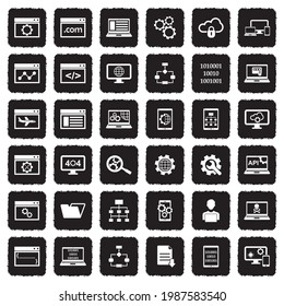 Iconos de desarrollo de sitios web. Diseño plano negro oscuro. Ilustración vectorial.