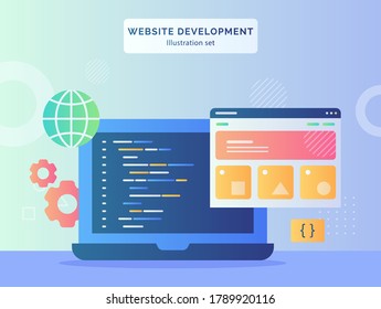 Website development illustration set wire frame language program coding on display monitor laptop background of gear globe with flat style.