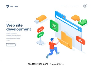 Plantilla de página de inicio isométrica para el desarrollo del sitio web. Programador masculino diseñando personaje de caricatura de interfaz de página web. HTML, servicios de codificación de idiomas CSS, etiqueta de diseño de página principal promocional