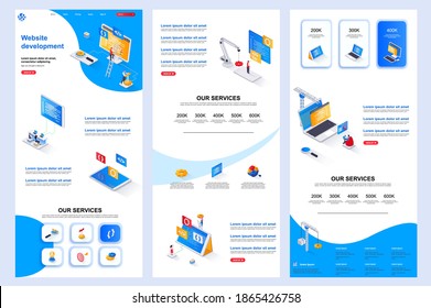 Website development isometric landing page. Full stack engineering, construct corporate website design template. Web banner with header, middle content, footer. Isometry vector illustration.