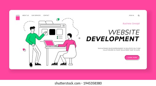 Plantilla de banner de la página de inicio de desarrollo del sitio web. Ilustración vectorial de hombres lineales navegando por sitios web con datos para el proyecto de diseño en laptop mientras trabajan juntos en un lugar de trabajo creativo