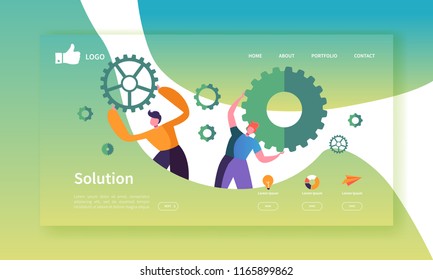 Website Development Landing Page Template. Mobile Application Layout with Flat Business People Holding Gears. Team Work Concept. Easy to Edit and Customize. Vector illustration