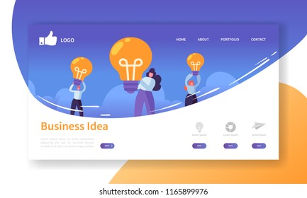 Website Development Landing Page Template. Mobile Application Layout with Flat Business People Holding Light Bulbs. Innovation Idea Concept. Easy to Edit and Customize. Vector illustration